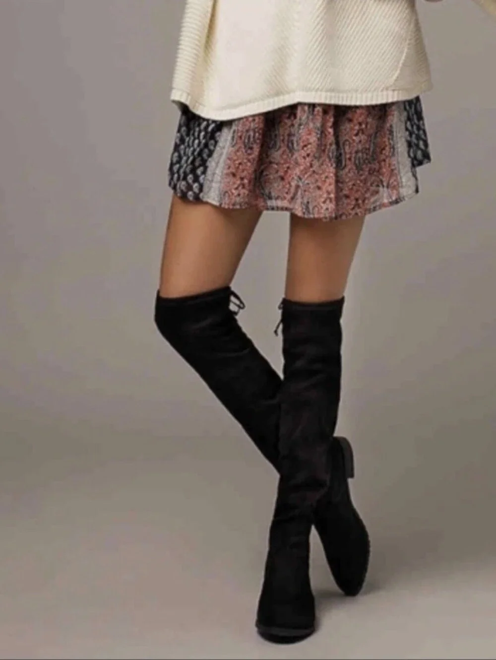 UNISA Women's Size 8 Faux Suede Thigh High Boots Tie Top Low Heel Black